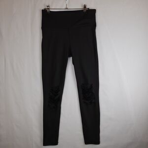 Athletic Leggings Mono B Womens Size Medium Black Shredded Knee Yoga Gym Pilates